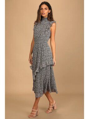 NWT Lulus Size M Evalina Black Micro Dark Floral Mock Neck Midi Dress